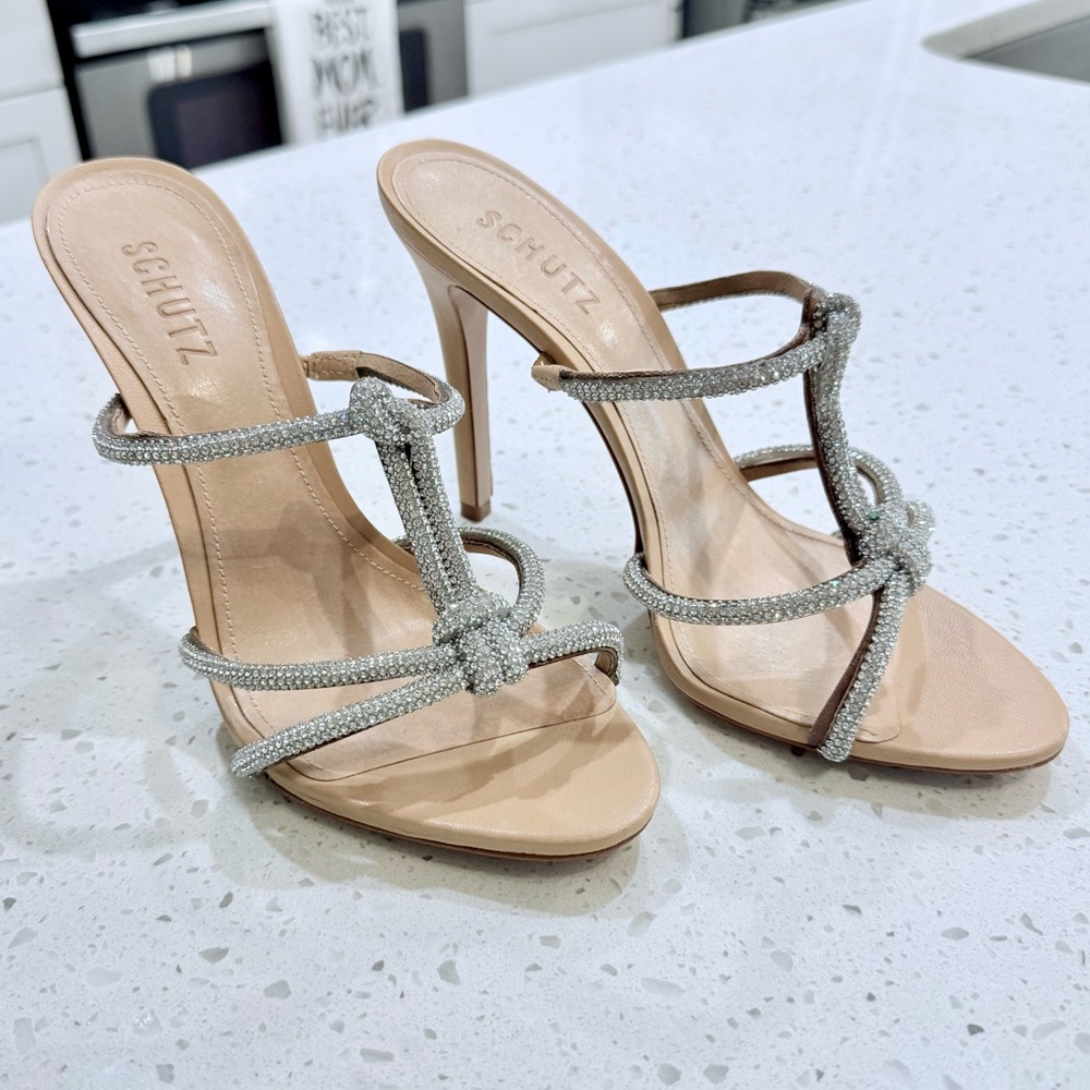 SCHUTZ Silver rhinestone and Tan Heeled Sandals